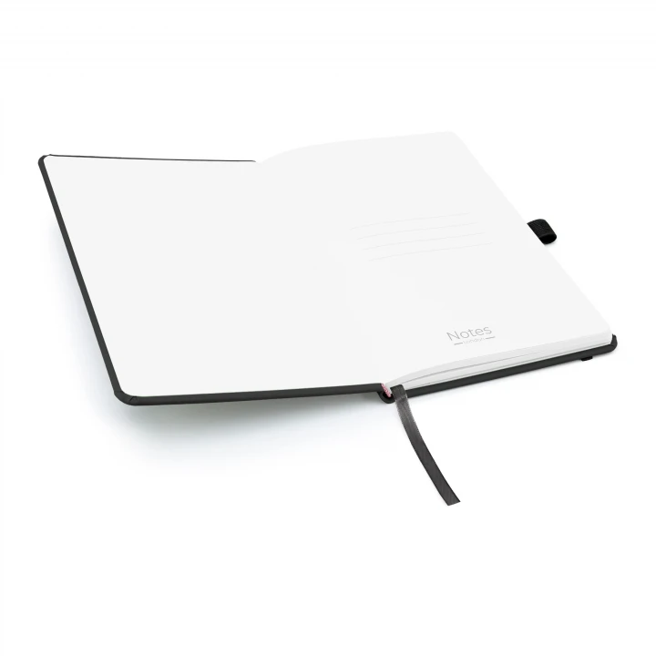Blanco A5 black notebook opened to front page showing four lines to write the contents of your notebook