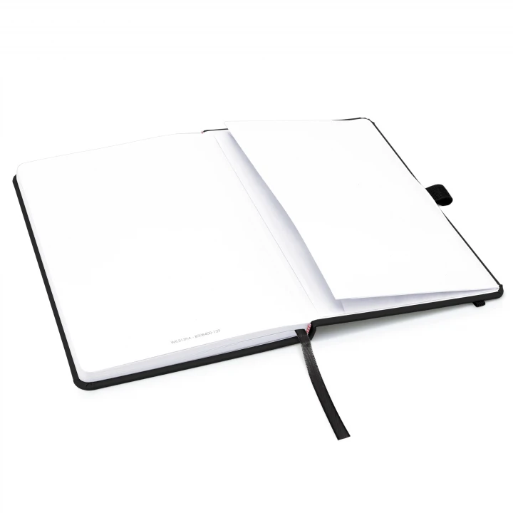 Blanco A5 black notebook opened to back page showing the envelope pocket