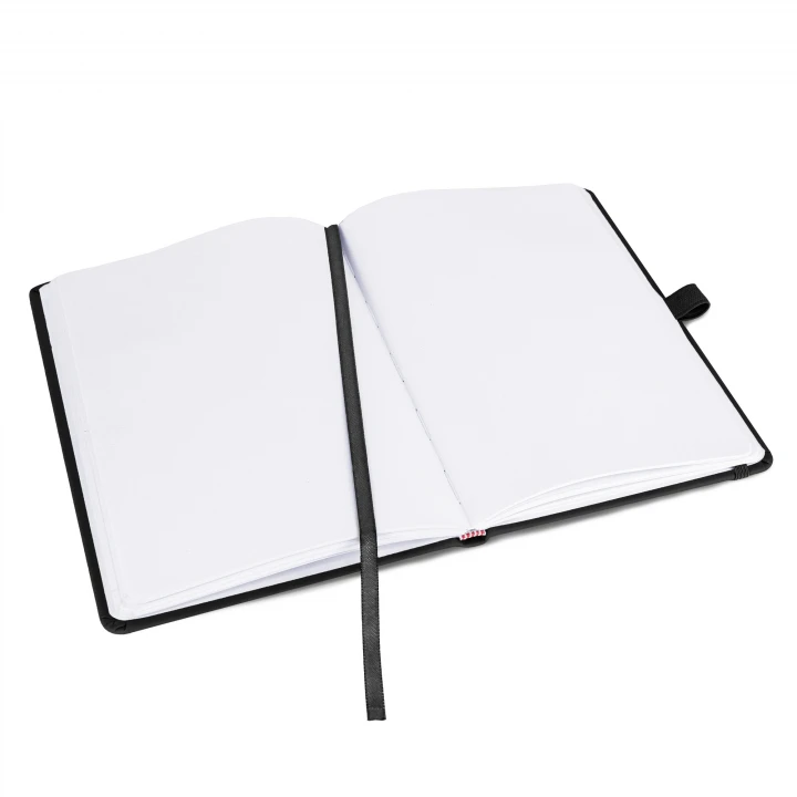 Blanco A5 black notebook opened to middle page showing blank / plain pages, ribbon page marker and pen holder