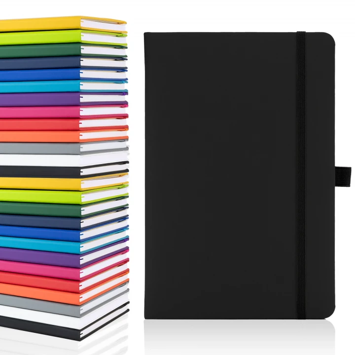 Blanco A5 plain page notebook in black showing front cover to the right with the thirteen available colours stacked on top of each other to the left