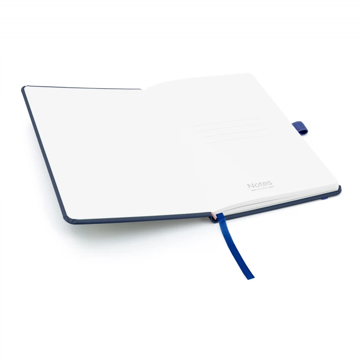 Blanco A5 navy notebook opened to front page showing four lines to write the contents of your notebook