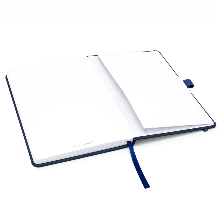 Blanco A5 navy notebook opened to back page showing the envelope pocket