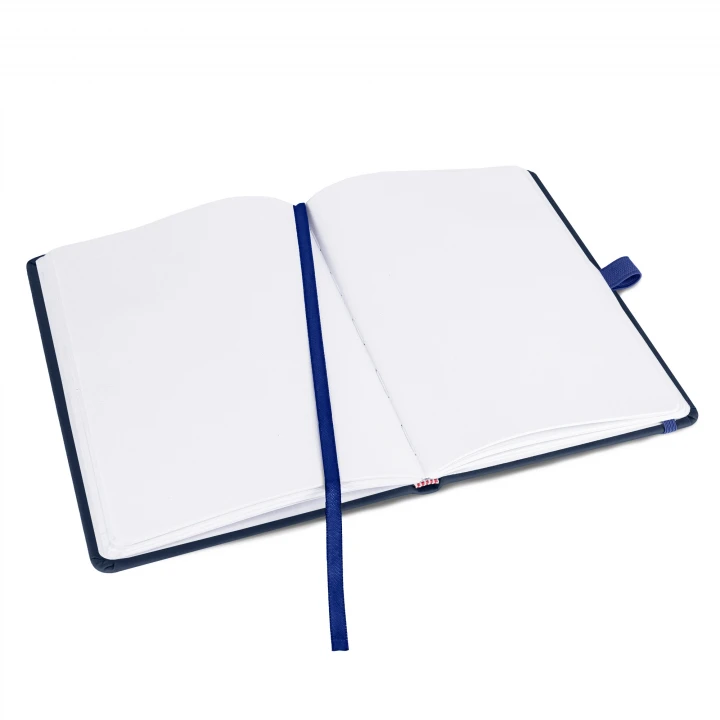 Blanco A5 navy notebook opened to middle page showing blank / plain pages, ribbon page marker and pen holder