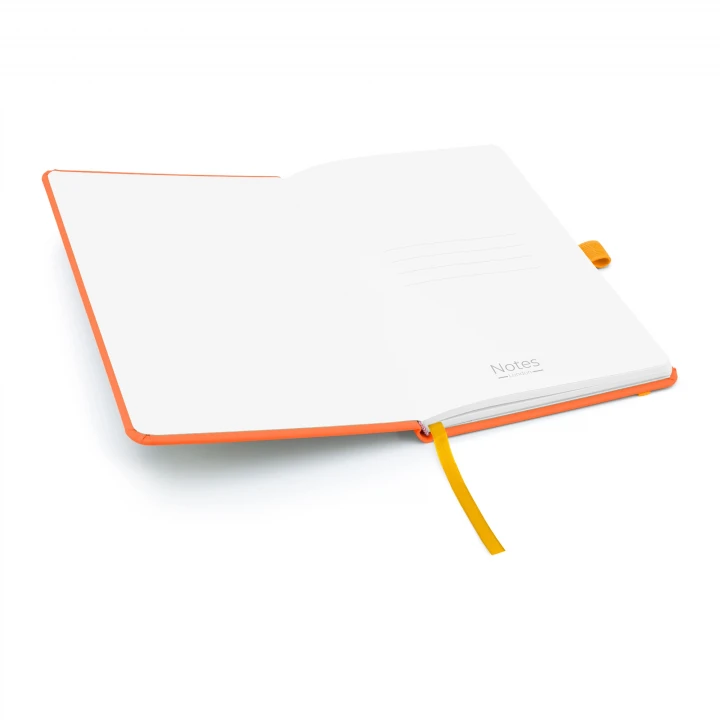 Blanco A5 orange notebook opened to front page showing four lines to write the contents of your notebook