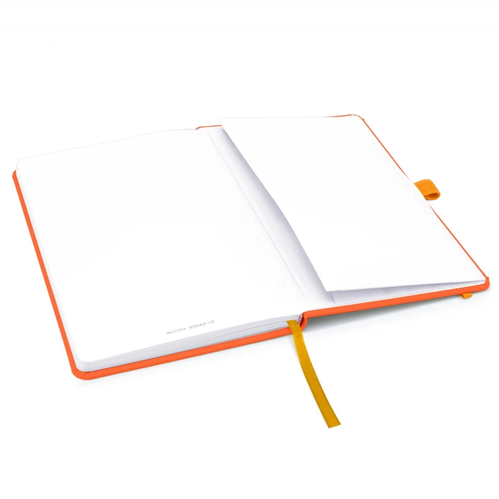 Blanco A5 orange notebook opened to back page showing the envelope pocket