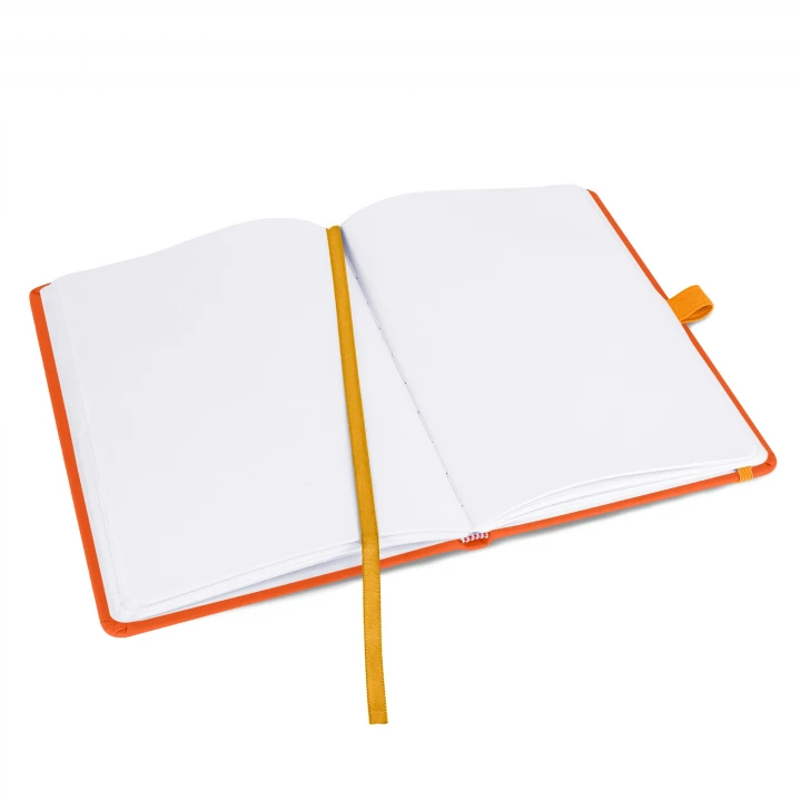 Blanco A5 orange notebook opened to middle page showing blank / plain pages, ribbon page marker and pen holder