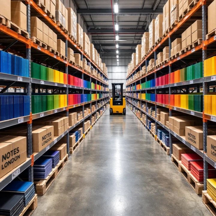 Warehouse aisle with shelves storing Notes London notebooks and stationery products