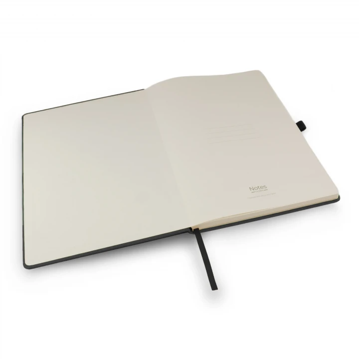 Envirobook A4 black charcoal notebook opened to front page showing four lines to write the contents of your notebook