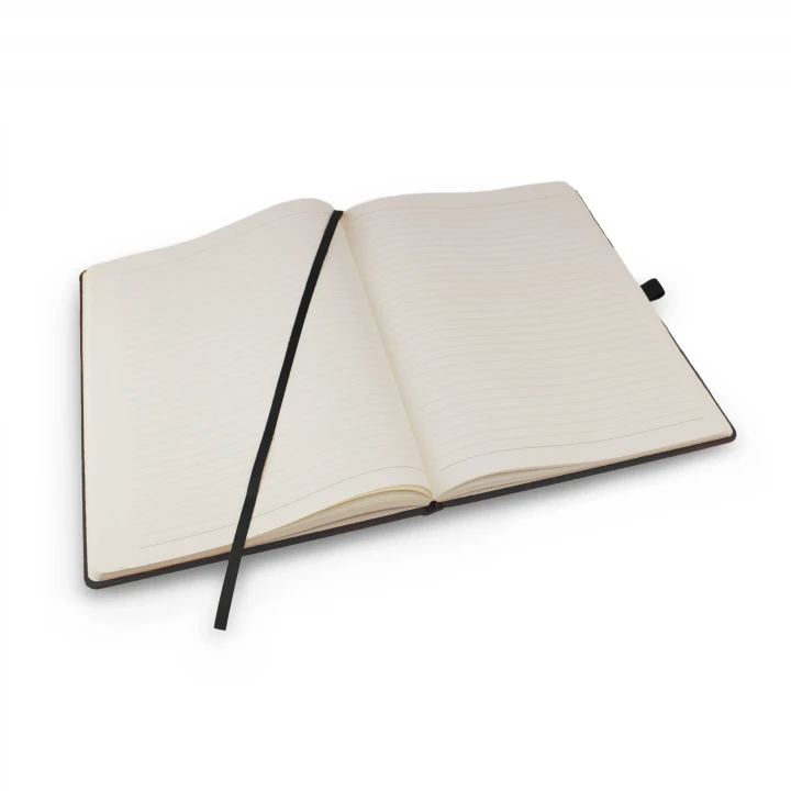 Envirobook A4 black charcoal notebook opened to middle page showing lined pages and ribbon page marker and pen holder