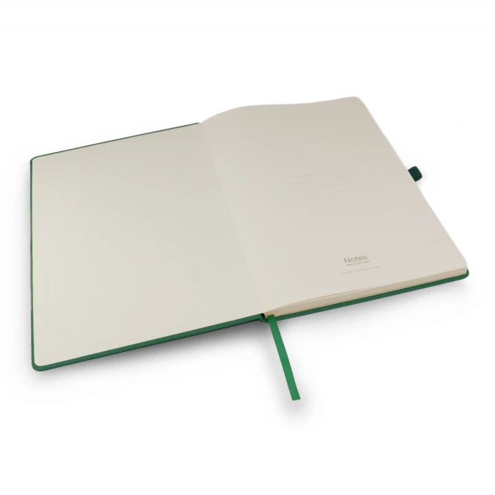 Envirobook A4 green notebook opened to front page showing four lines to write the contents of your notebook