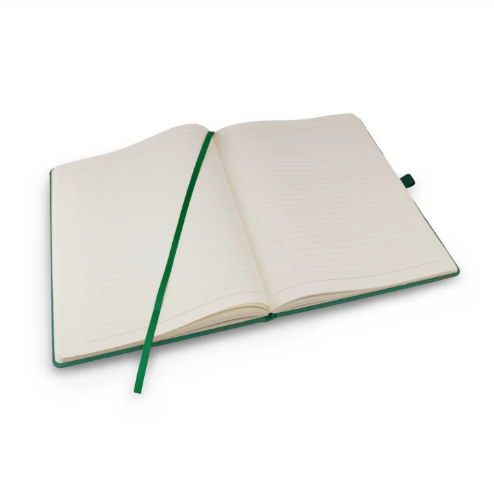 Envirobook A4 green notebook opened to middle page showing lined pages and ribbon page marker and pen holder