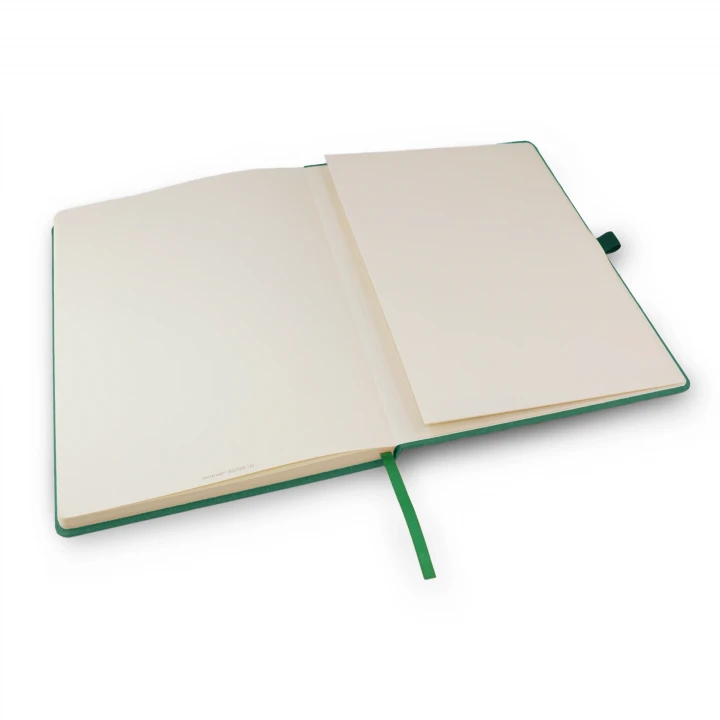 Envirobook A4 green notebook opened to back page showing the envelope pocket