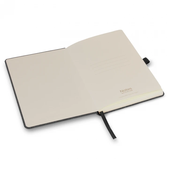 Envirobook A5 black charcoal notebook opened to front page showing four lines to write the contents of your notebook