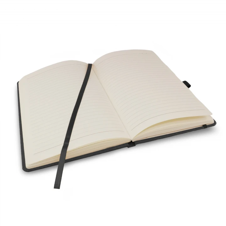 Envirobook A5 black charcoal notebook opened to middle page showing lined pages and ribbon page marker and pen holder