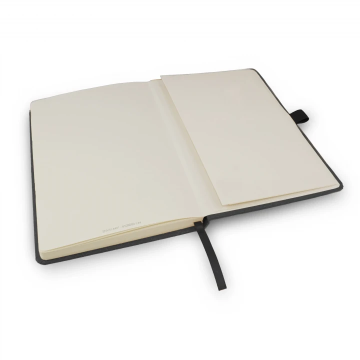 Envirobook A5 black charcoal notebook opened to back page showing the envelope pocket