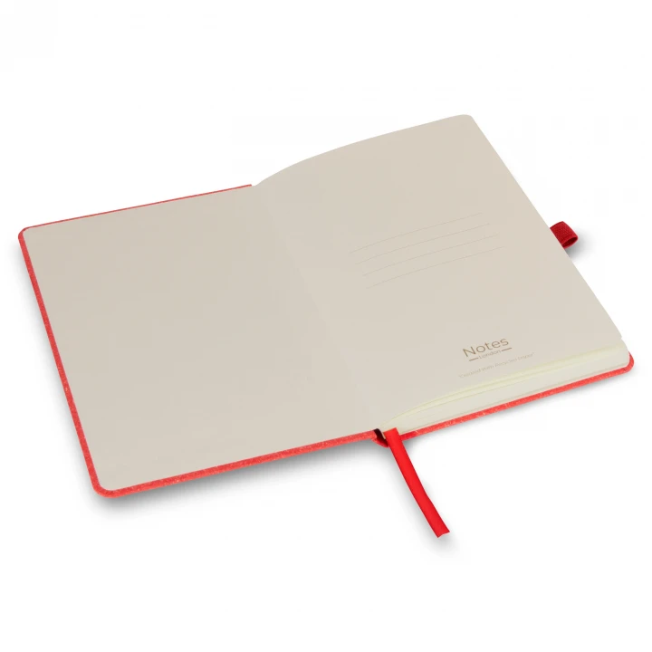 Envirobook A5 red notebook opened to front page showing four lines to write the contents of your notebook