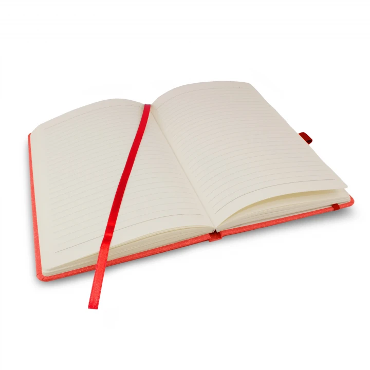 Envirobook A5 red notebook opened to middle page showing lined pages and ribbon page marker and pen holder