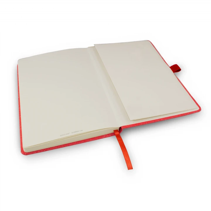 Envirobook A5 red notebook opened to back page showing the envelope pocket