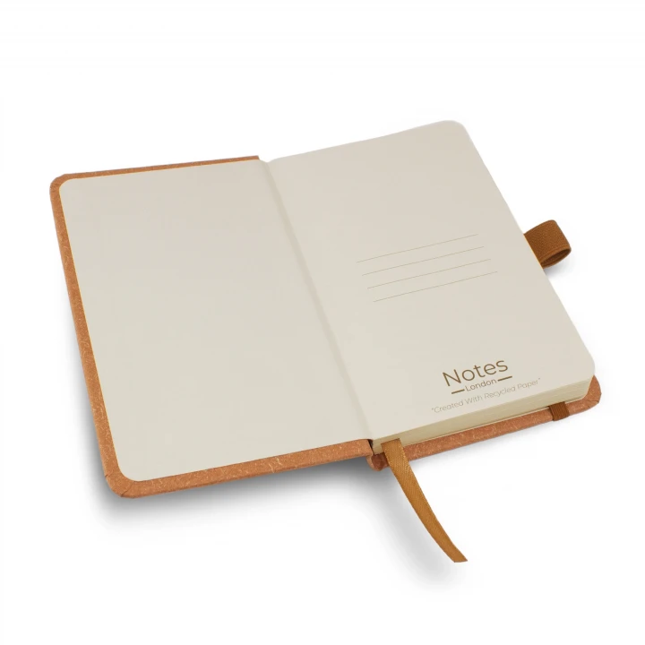 Envirobook A6 natural notebook opened to front page showing four lines to write the contents of your notebook