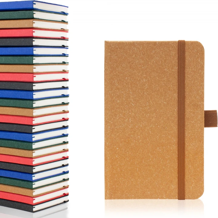 Envirobook A6 recycled notebook in natural showing front cover to the right with the five available colours stacked on top of each other to the left