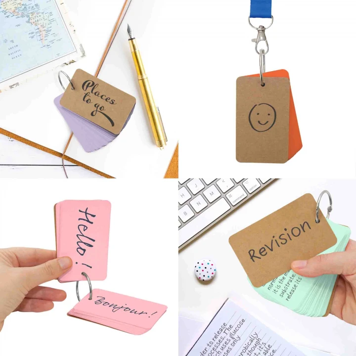 A square split into four showing how you can use flash cards. Noting down countries, languages, revision or hanging on a lanyard