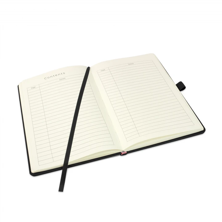 Holms A5 black notebook opened to contents page showing ribbon page marker and pen loop holder