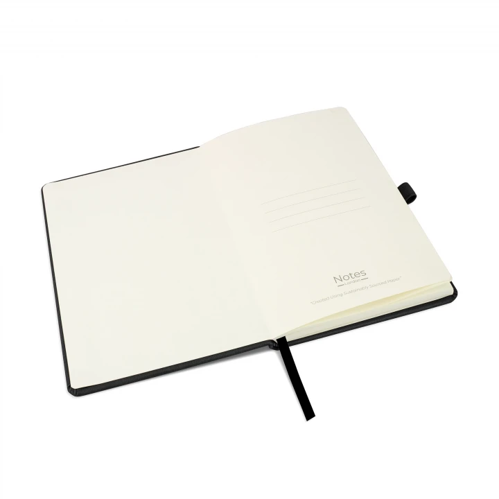 Holms A5 black notebook opened to front page showing four lines to write the contents of your notebook