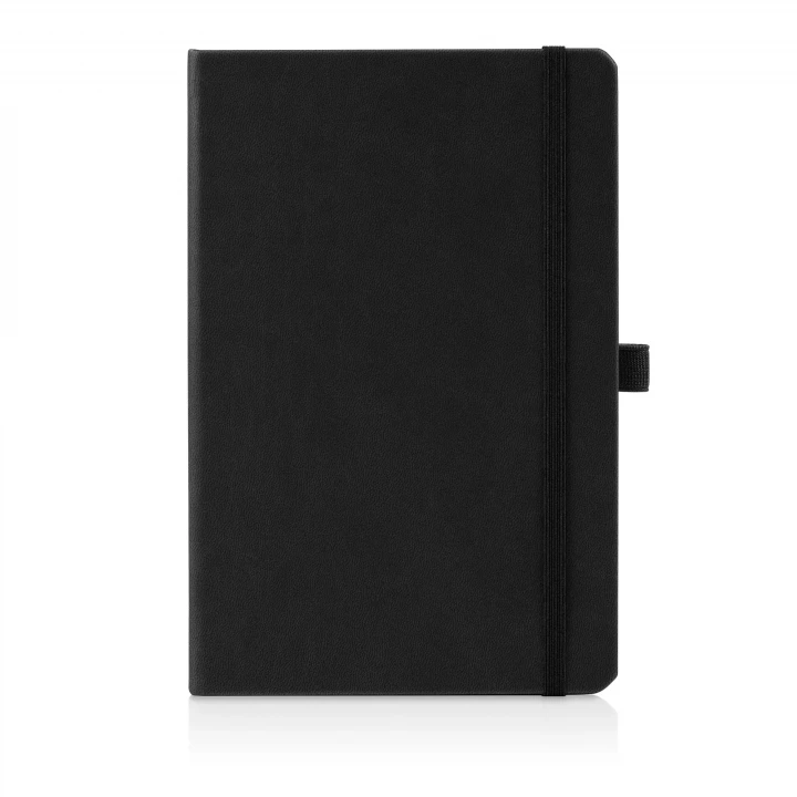 Holms Italian style A5 premium notebook in black showing front cover which is made of leather effect PU