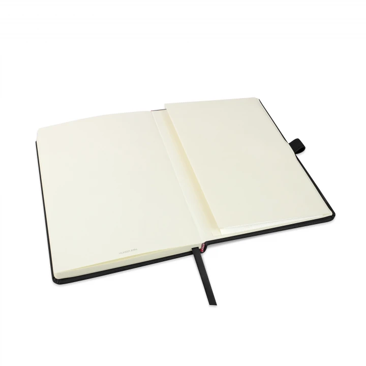 Holms A5 black notebook opened to back page showing the envelope pocket