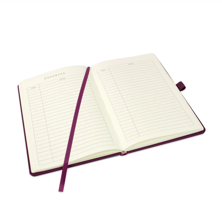 Holms A5 burgundy notebook opened to contents page showing ribbon page marker and pen loop holder