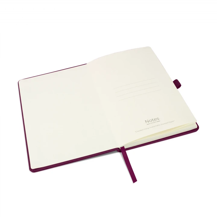 Holms A5 burgundy notebook opened to front page showing four lines to write the contents of your notebook
