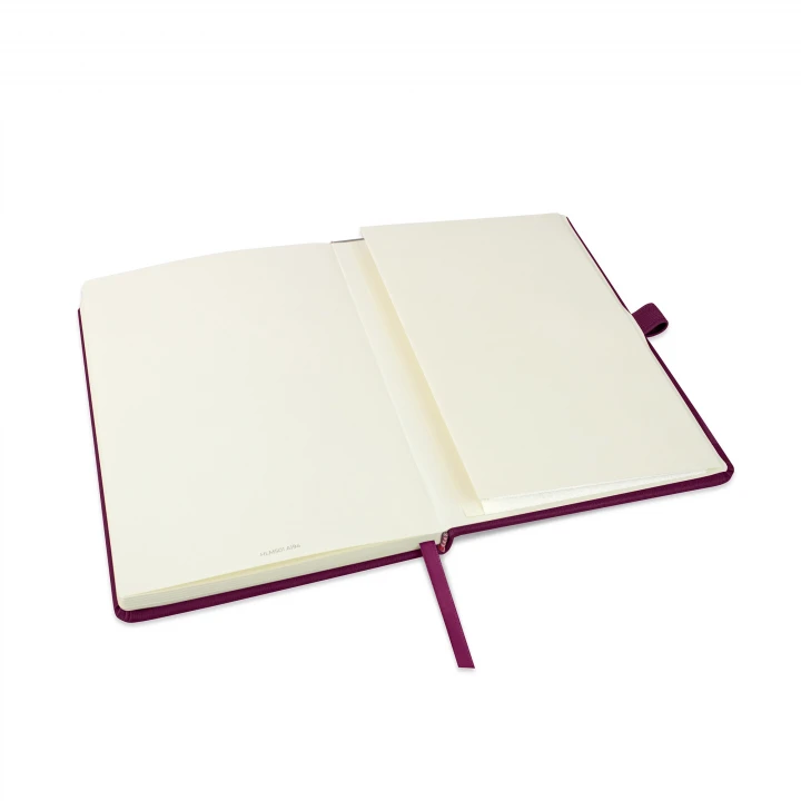 Holms A5 burgundy notebook opened to back page showing the envelope pocket