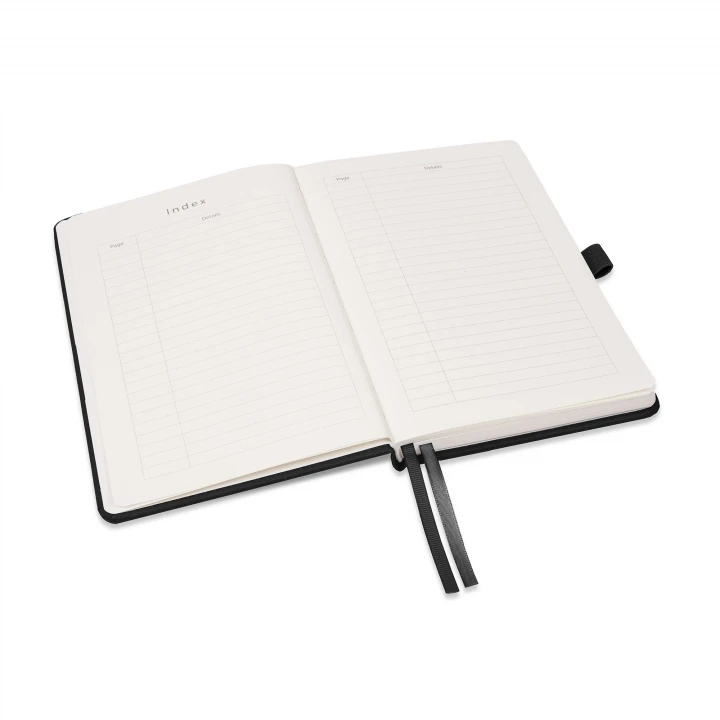 Moretti A5 black notebook opened to contents page showing ribbon page markers and pen loop holder