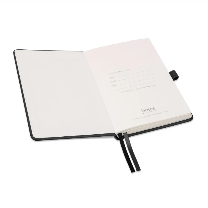 Moretti A5 black notebook opened to front page showing four lines to write the contents of your notebook