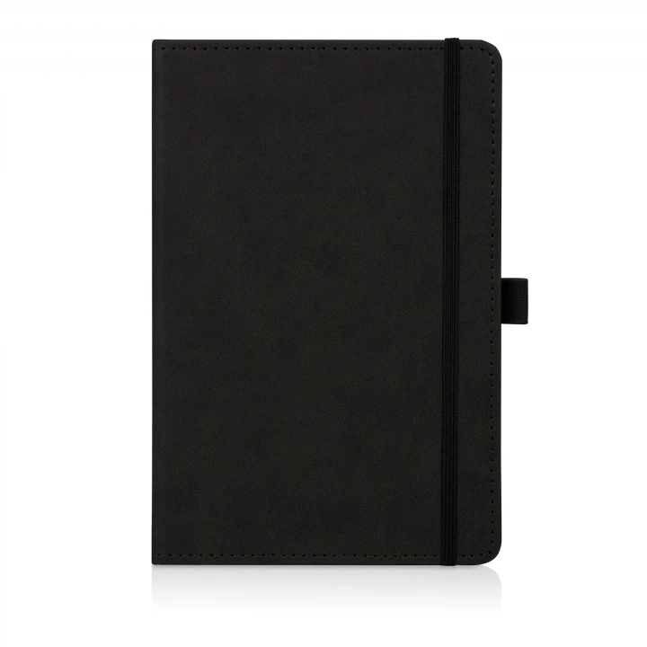 Moretti Italian style A5 luxury notebook in black showing front cover which is made of leather effect PU