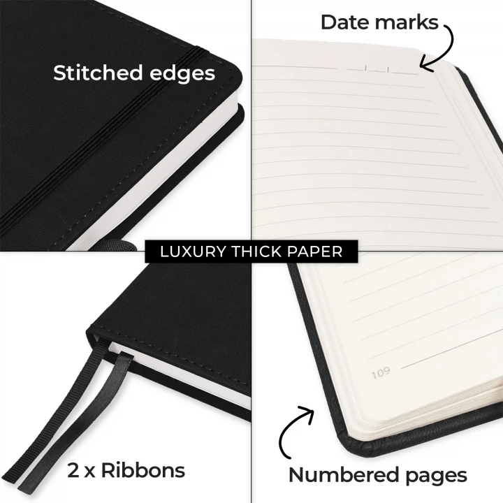 Moretti black notebook with stitched edges, thick paper, numbered pages, date marks and ribbon bookmarks