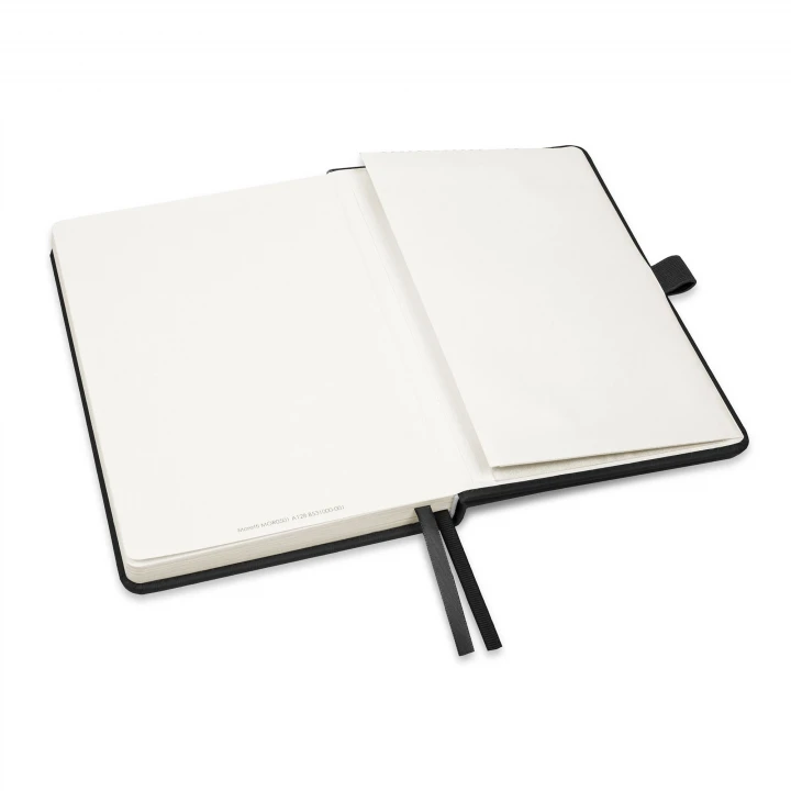 Moretti A5 black notebook opened to back page showing the envelope pocket