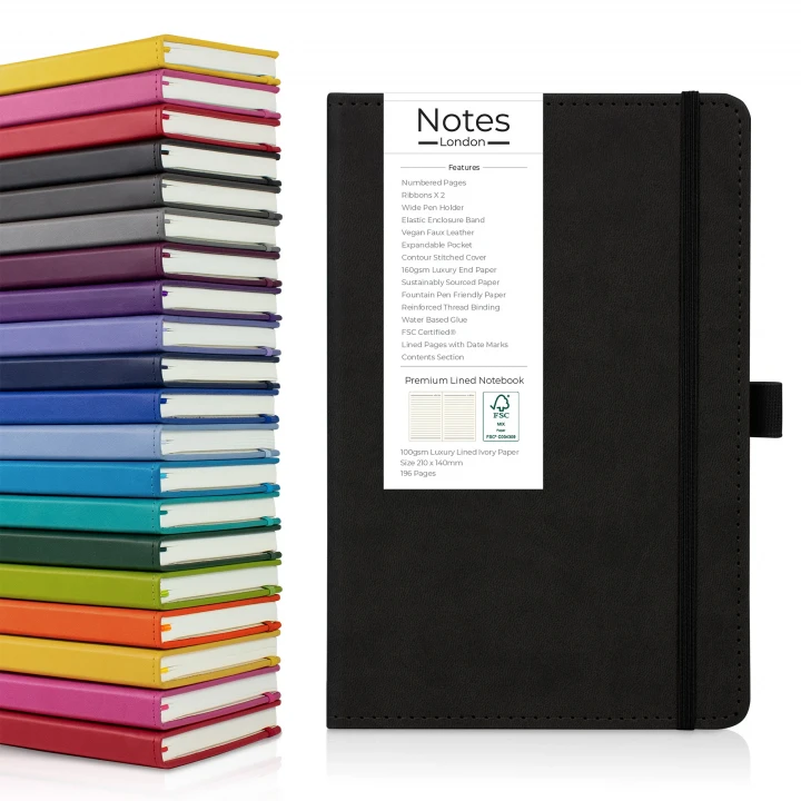 Moretti A5 luxury notebook in black showing front cover to the right with the seventeen available colours stacked on top of each other to the left