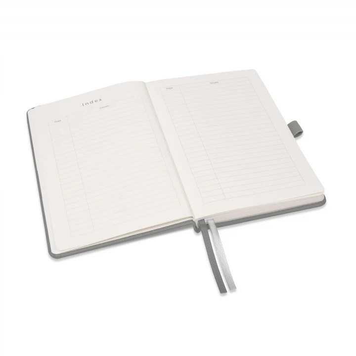 Moretti A5 light grey notebook opened to contents page showing ribbon page markers and pen loop holder