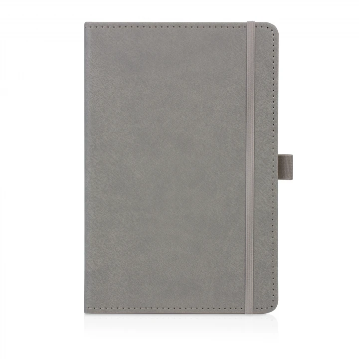 Moretti Italian style A5 luxury notebook in light grey showing front cover which is made of leather effect PU