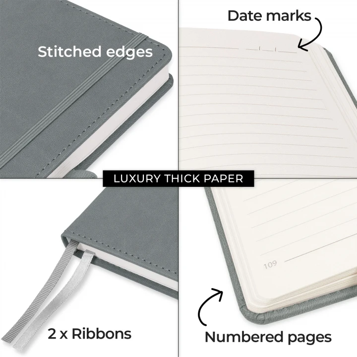 Moretti light grey notebook with stitched edges, thick paper, numbered pages, date marks and ribbon bookmarks