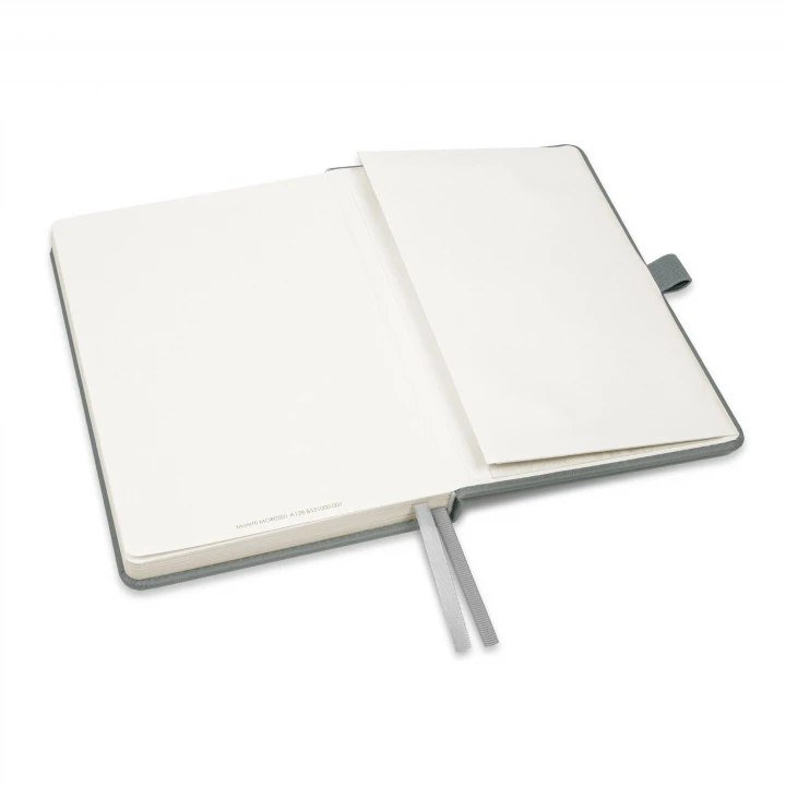 Moretti A5 light grey notebook opened to back page showing the envelope pocket