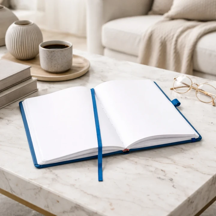 Navy A5 blanco notebook open on plain page with ribbon bookmark and pen loop holder showing on a marble coffee table, next to a cup of coffee, stacked books, and gold-framed glasses
