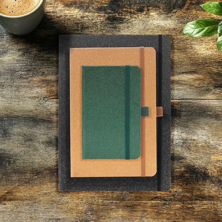 Envirobook notebooks in A4, A5 and A6 stacked together on a wooden table, styled with coffee and greenery
