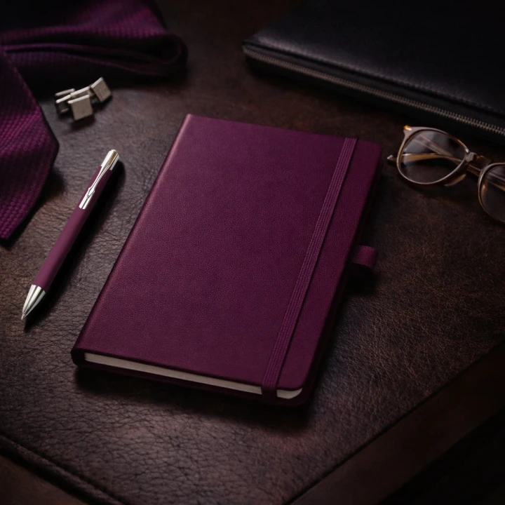 Premium Notebook with leather effect cover placed on dark background with lago pen, glasses, cuff links and laptop case