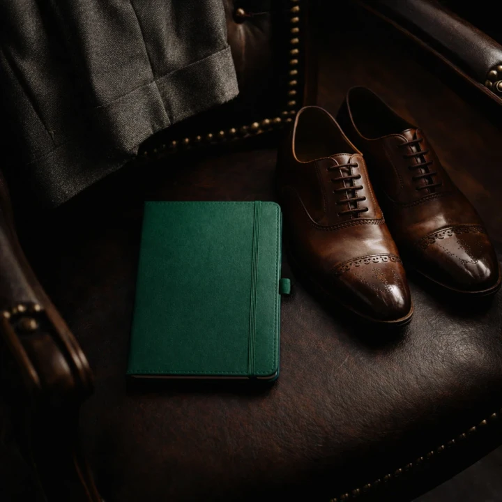 Moretti Green A5 notebook on a leather chair beside brown dress shoes and folded trousers