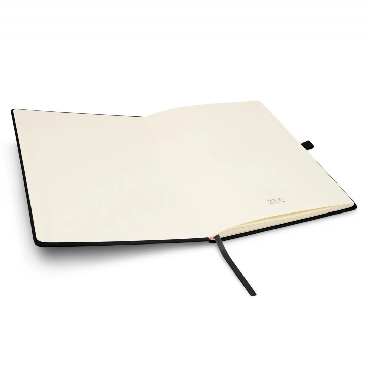 Wilson A4 black notebook opened to front page showing four lines to write the contents of your notebook