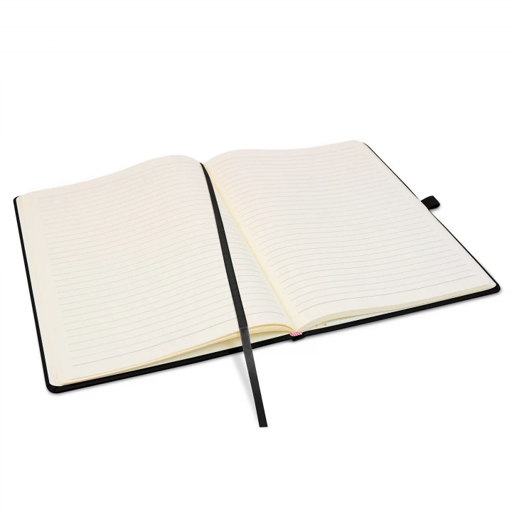 Wilson A4 black notebook opened to middle page showing lined pages, ribbon page marker and pen holder