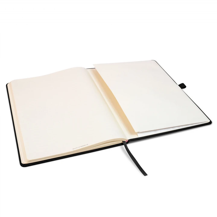 Wilson A4 black notebook opened to back page showing the document pocket