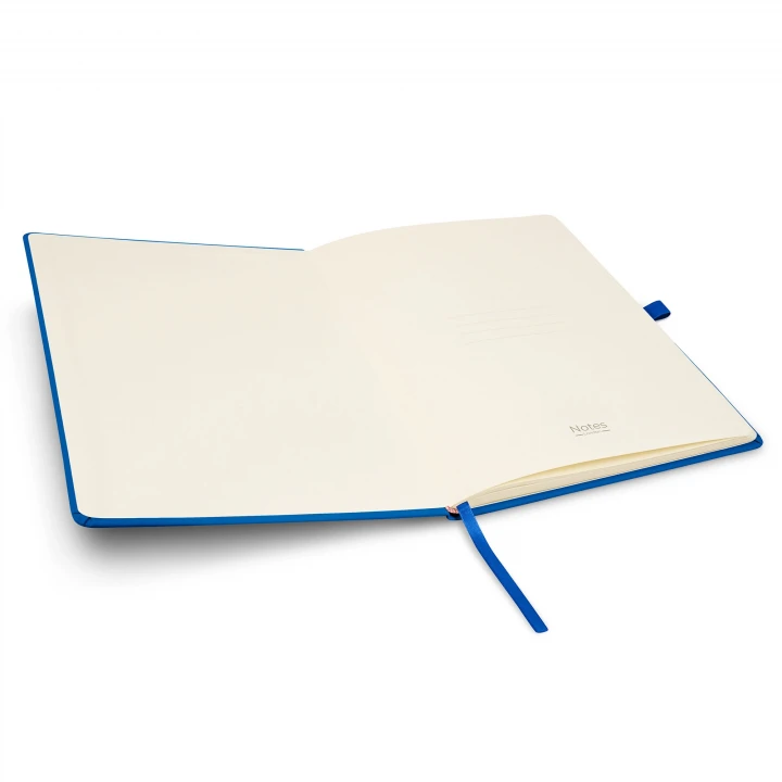Wilson A4 blue notebook opened to front page showing four lines to write the contents of your notebook